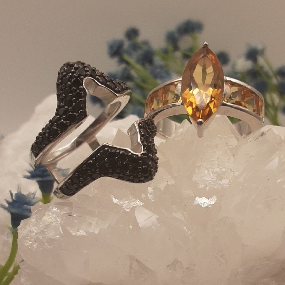 Sterling  Silver Black Pavé Wave Ring & Citrine Marquise Ring Set